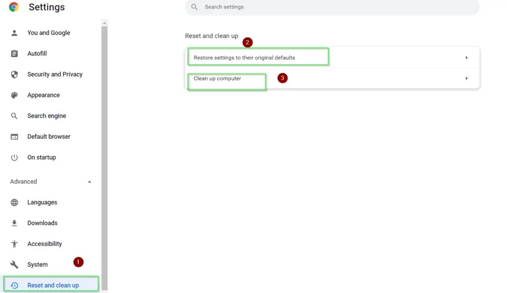 Reset Chrome to fix message could not be sent check your network and try again error