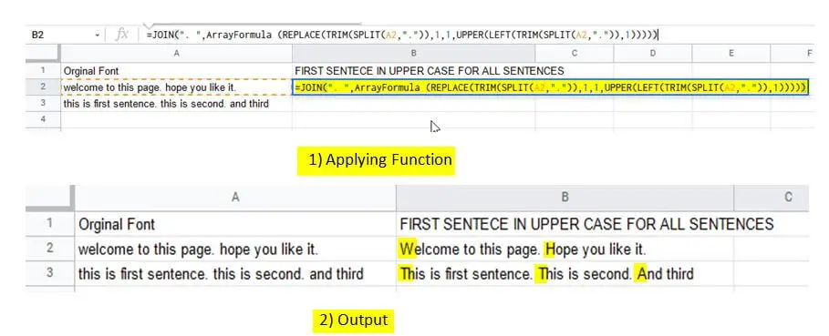 Capitalize the First letter of each sentence in Google Sheets using Join, Array formula, Replace and Upper function