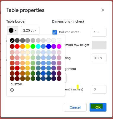 Change Border colour of table in Google docs