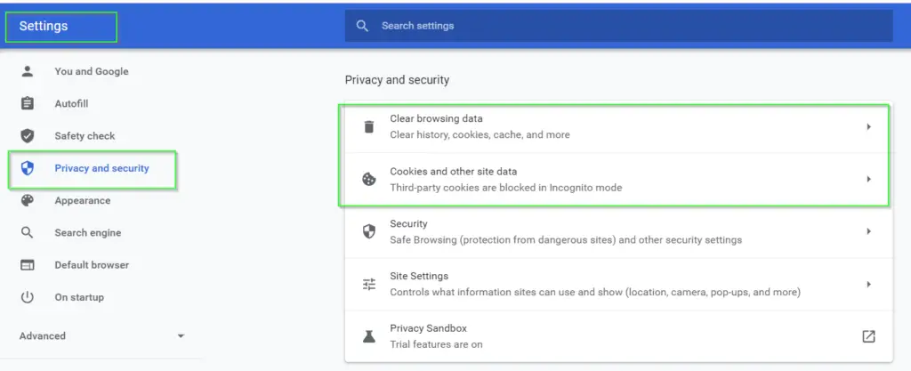 Clear browsing data, cookies and other site data in chrome browser