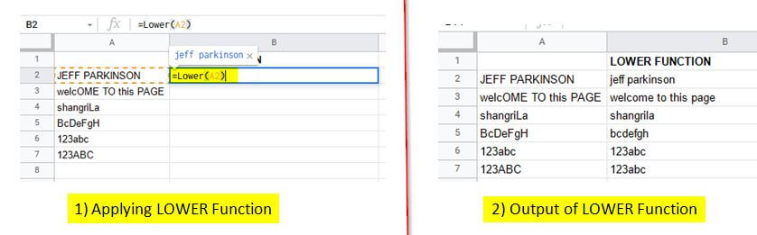 Make your text Lowercase using LOWER function in Google Sheets