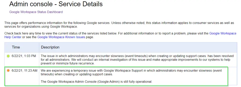 Google admin  console outage details