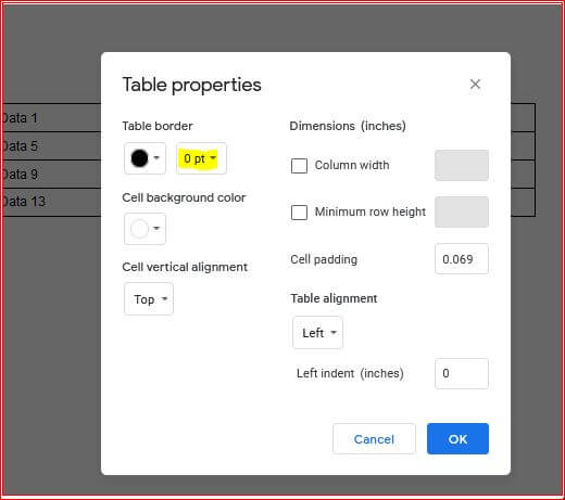 Make table border 0 in table properties
