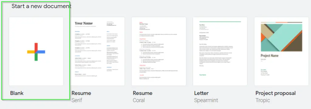Start a new blank document in Google doc