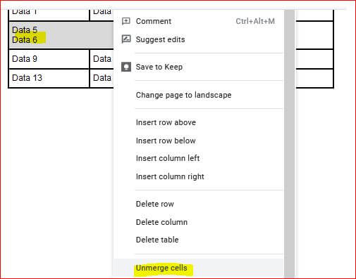 Unmerge cells in google docs table