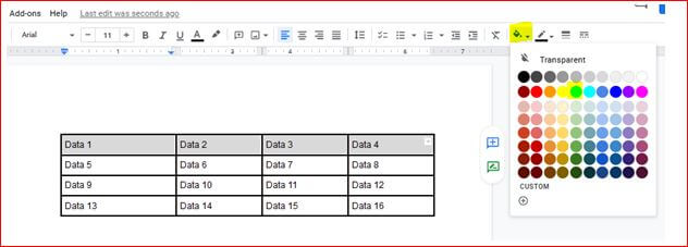 change colour of a cell in table of google docs