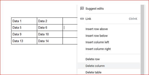 delete a column from table in google docs