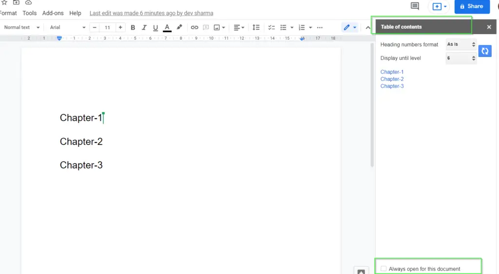 How to install table of contents in Google doc sidebar