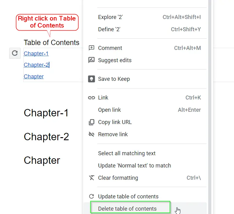 how to Delete table of contents in Google Docs