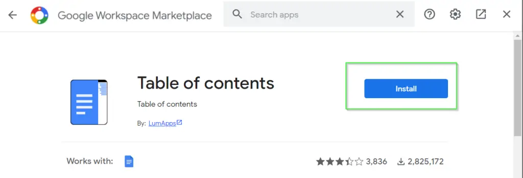 Install Table of contents apps in google docs