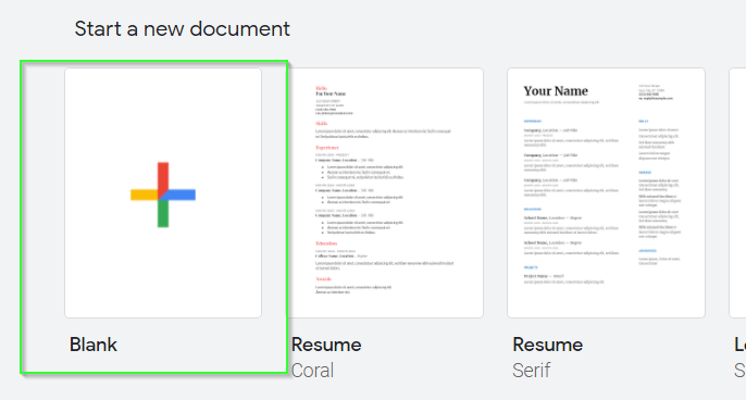 Start a new blank document in google docs