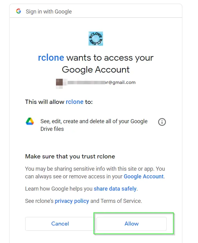 Allow access to google account for rclone utility to use google drive