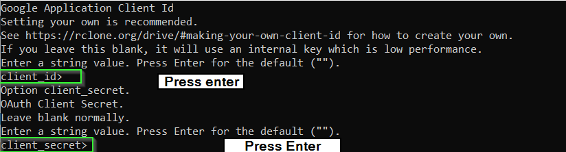 select client id and client secret in rclone setup for Google drive