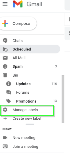 Select Manage labels from Gmail menu