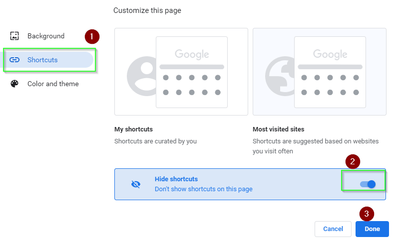 Select shortcuts from menu and disable hide shortcuts in Google chrome