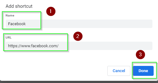 Enter, URL and Name to add shortcuts in Google chrome home page