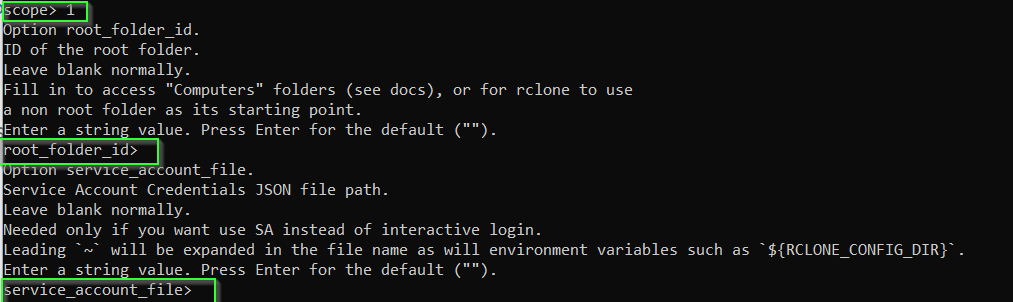 setup scope, root folder id and service account for rclone google drive setup