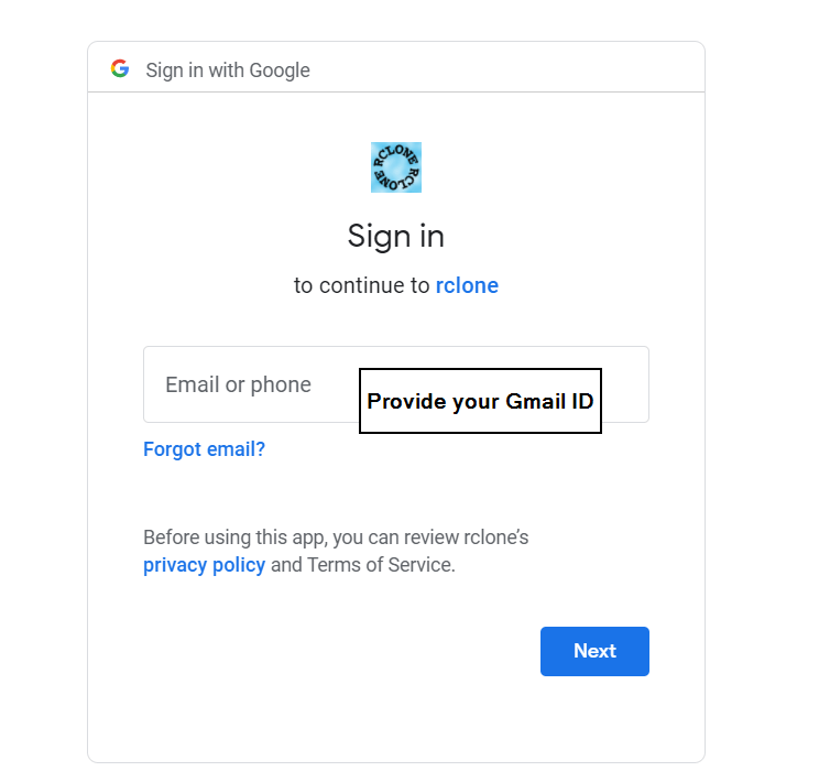 sign in to your google drive to allow rclone