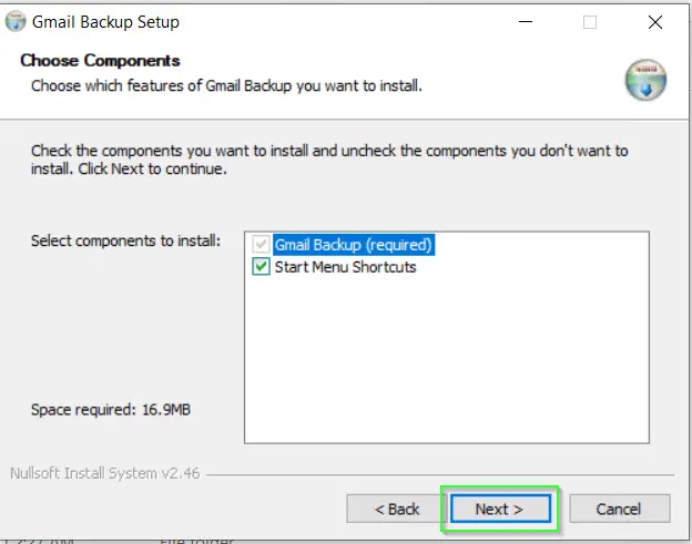 Gmail backup components