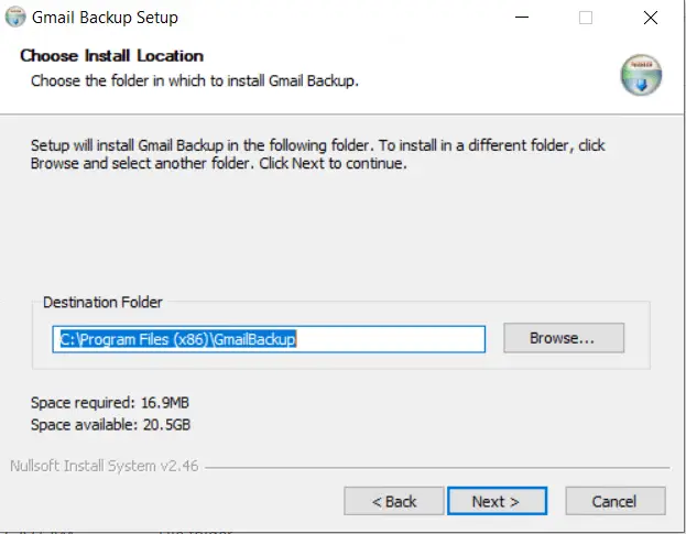 installation location of Gmail backup