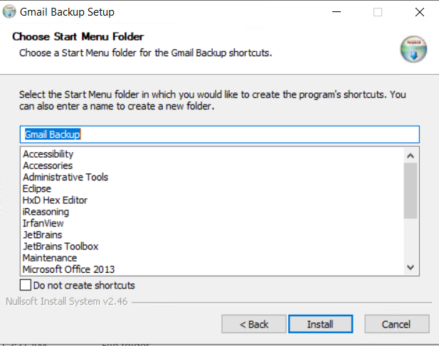 Create Gmail backup shortcut in Start menu