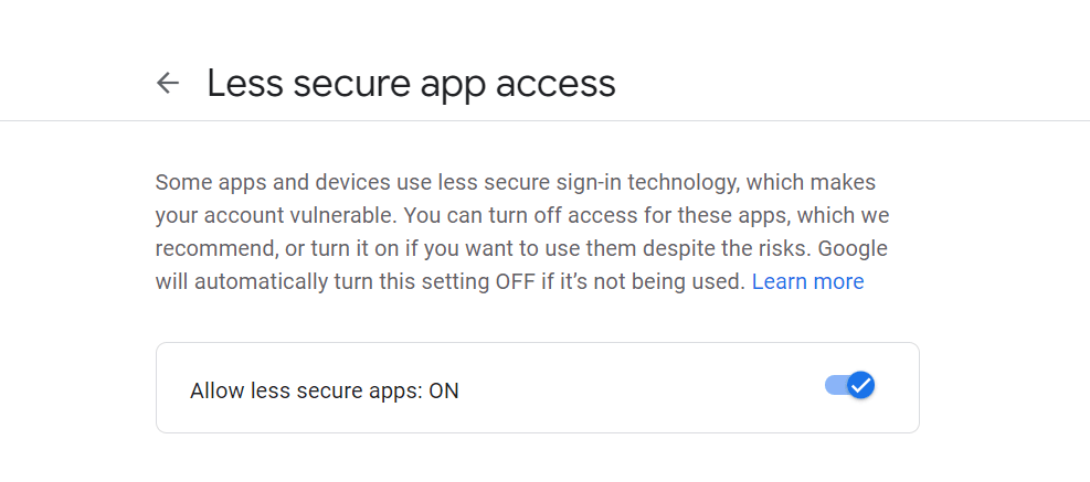 how to enable less secure app access in Google account