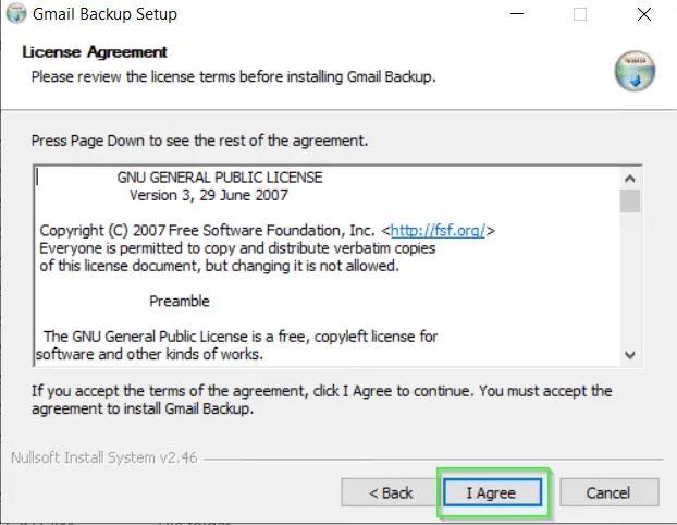 accept GNU license of gmail backup