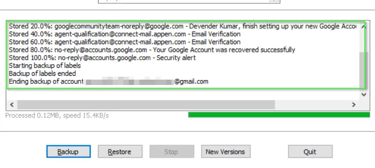 Successful backup completed of emails in Gmail