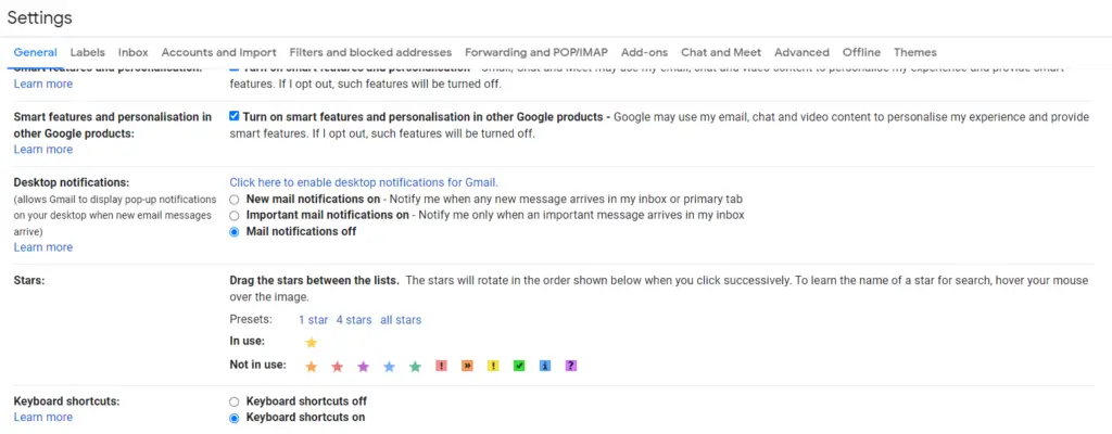 enable keyboard shortcuts on in settings of gmail
