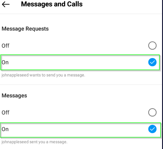 Turn on Message requests and Messages settings