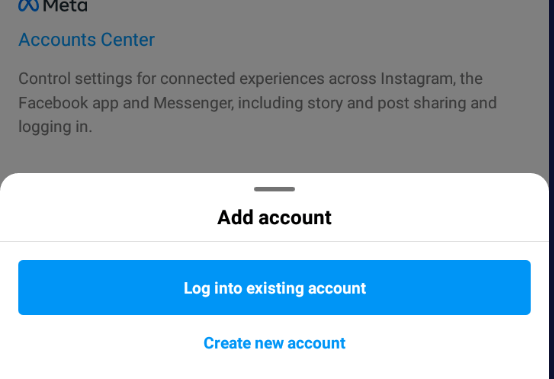 Login into existing account or create new account options in Instagram