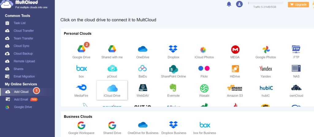 multcloud dashboard with common tools on left and personal cloud drives on right pane