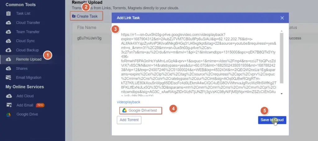 multcloud dashboard image to start remote upload by adding create task. Copy URL, Select Google drive and save to cloud