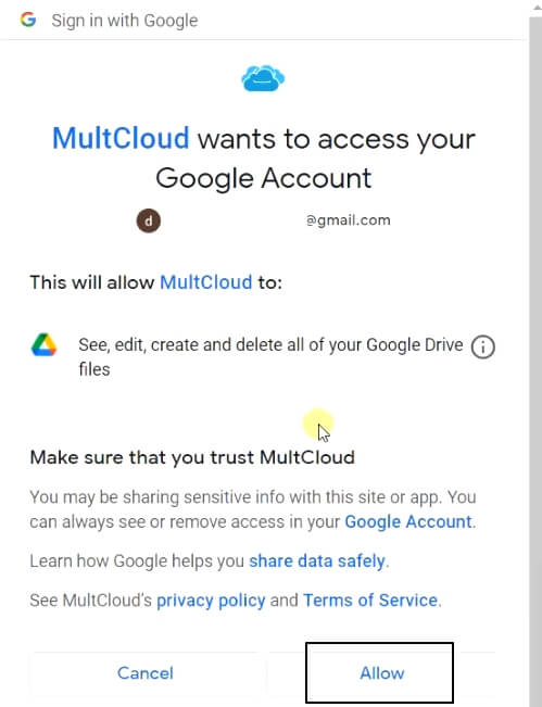 allow multcloud to access your Google account
