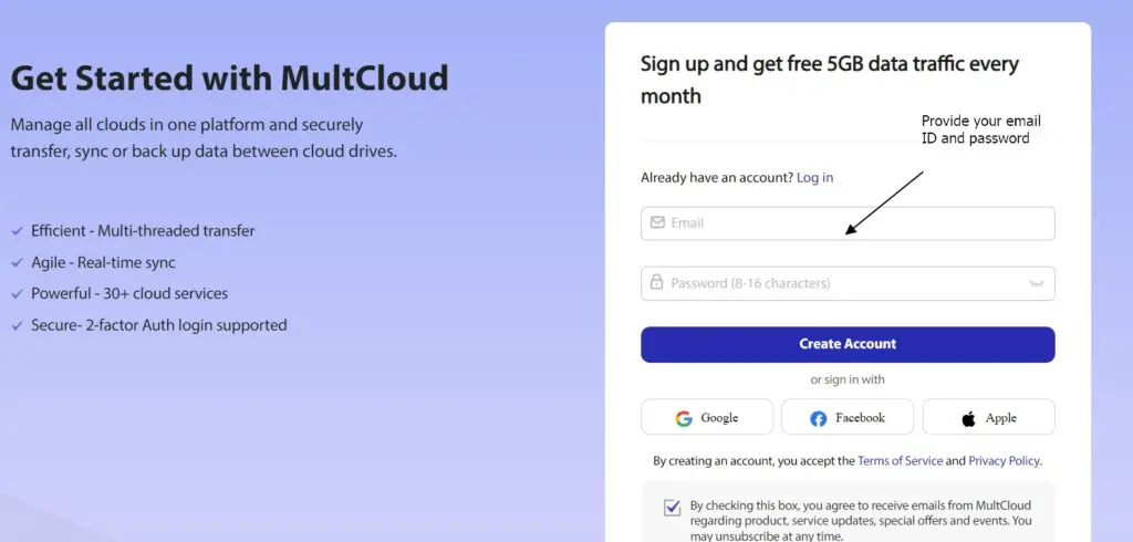 sign up screen of multcloud website